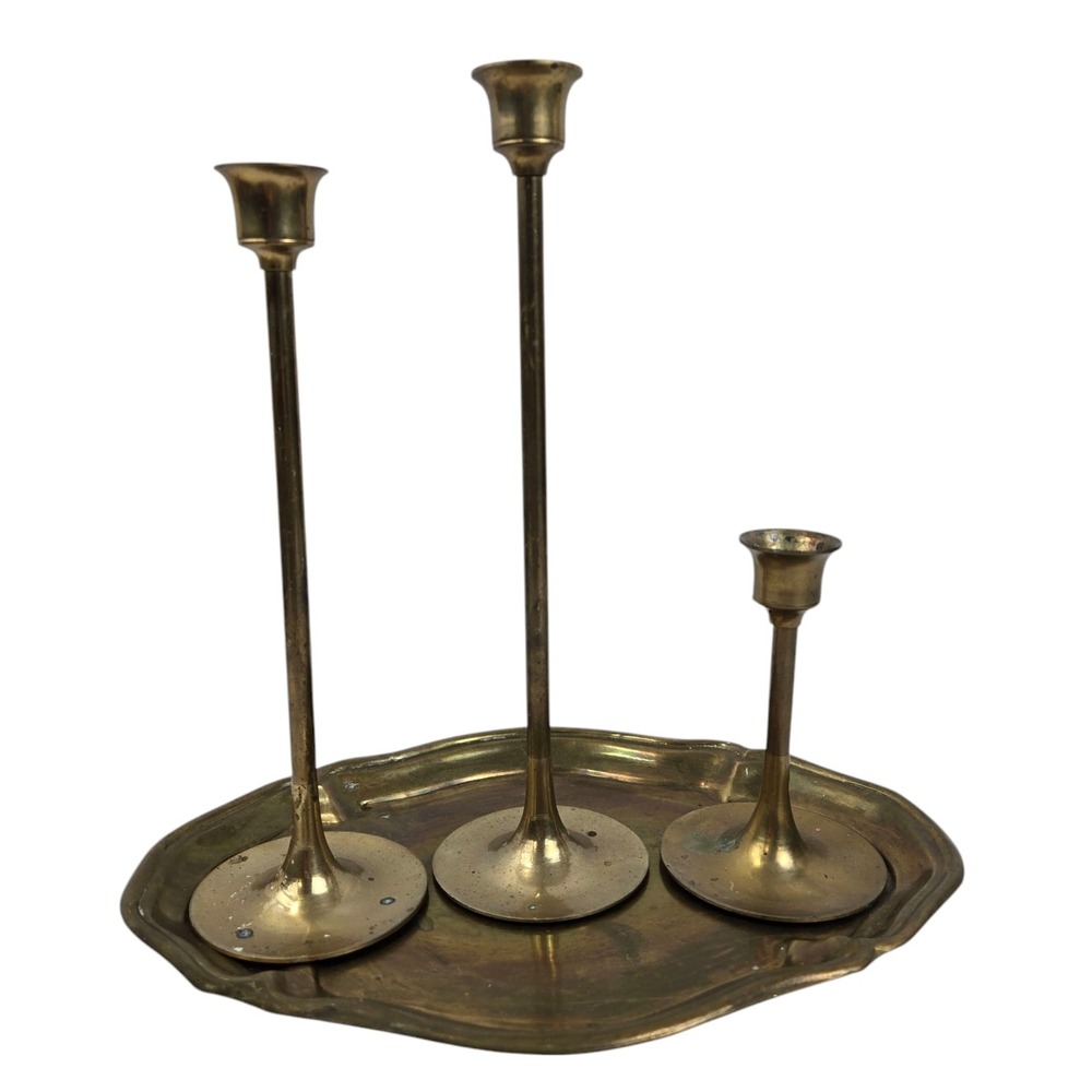 Vintage Brass MCM 3 Candle Stick Holders And Tray Set 9" 8" & 4" Mild Patina
